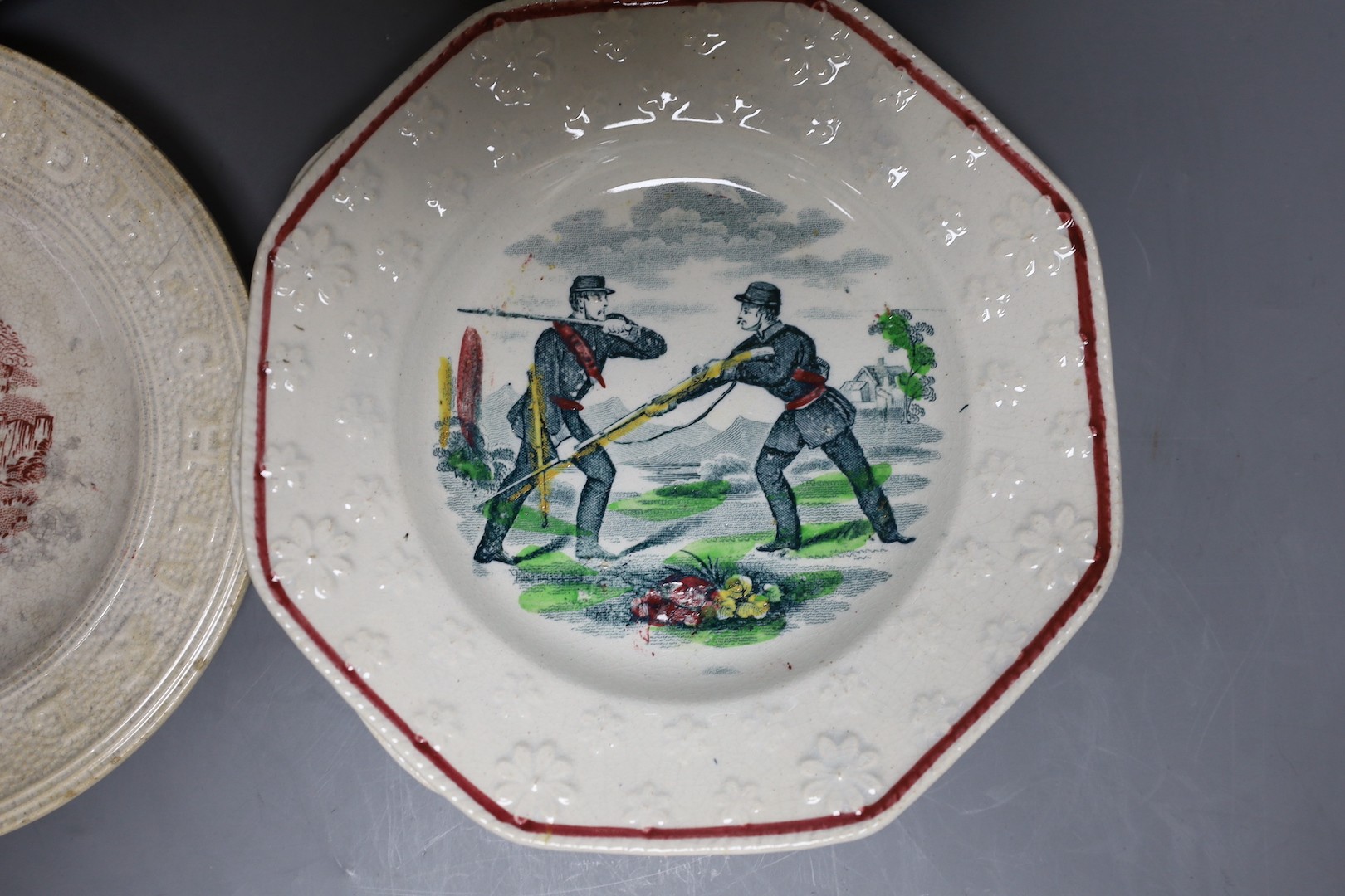 A group of mid-19th century Staffordshire rifle brigade and Crimean war commemorative nursery ceramics, Largest 21 cm